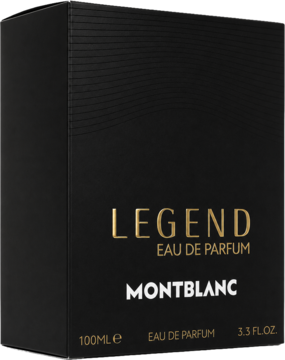 Montblanc Legend męska woda perfumowana EDP w czarnym pudełku ze złotymi napisami, widok pod kątem.