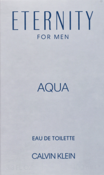 Calvin Klein Eternity For Men Aqua EDT, jasnoszare opakowanie z niebieskimi napisami, widok z przodu.