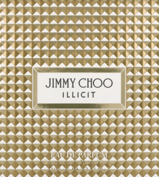 Złote, teksturowane pudełko Jimmy Choo Illicit EDP z geometrycznym wzorem, centralna nazwa, widok z przodu.