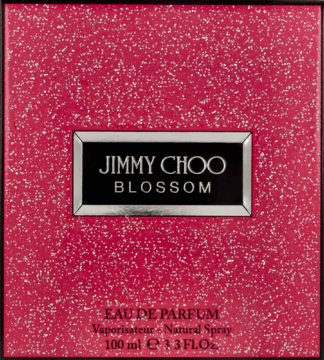 Jimmy Choo Blossom woda perfumowana, różowe opakowanie z białymi drobinkami, srebrna ramka, widok z przodu.