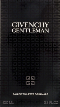 Givenchy Gentleman Eau de Toilette, czarne opakowanie z białym napisem i wzorem G, widok z przodu.