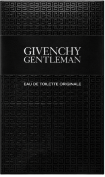 Givenchy Gentleman Eau de Toilette, czarne, teksturowane opakowanie z srebrnymi napisami, widok z przodu.
