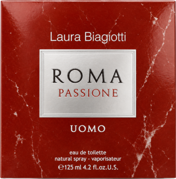 Laura Biagiotti Roma Passione Uomo woda toaletowa 125 ml. Czerwone pudełko z marmurkowym wzorem, widok z przodu.
