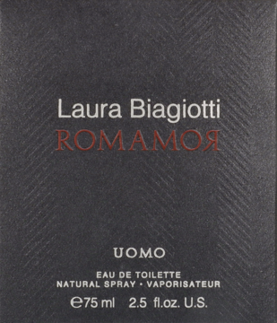 Laura Biagiotti ROMAMOR UOMO woda toaletowa, ciemne pudełko 75 ml z subtelnym wzorem, widok z przodu.