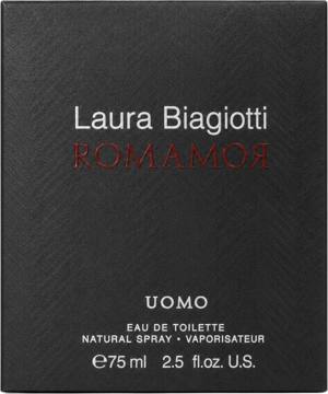 Czarna, prostokątna paczka Laura Biagiotti Romamor Uomo EDT 75ml z czerwonym napisem ROMAMOR, widok z przodu.