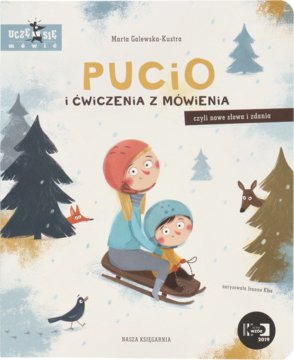 Pucio i ćwiczenia z mówienia, książka do rozwoju mowy. Okładka: zimowa scena z osobami na sankach.
