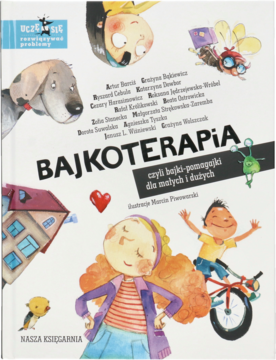 Kolorowa okładka książki Bajkoterapia z wesołymi kreskówkami, o bajkach pomagających dzieciom rozwiązywać problemy.