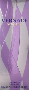 Pionowe pudełko Versace Woman Eau de Parfum, 30 ml, fioletowo-srebrne geometryczne wzory, widok z przodu.