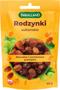 Torebka Bakalland Rodzynki sułtańskie 45g, pomarańczowa, z grafiką miski rodzynek i winogron, widok z przodu.