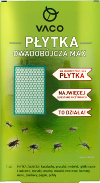 Zielone opakowanie Vaco Płytka Owadobójcza Max, widok z przodu, z ilustracjami zwalczanych insektów.