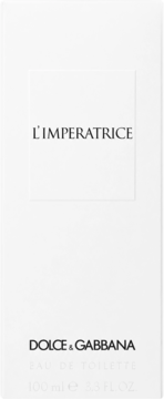 Pionowe, białe pudełko perfum Dolce & Gabbana L'imperatrice, widok z przodu, z czarnymi napisami marki i nazwy zapachu.