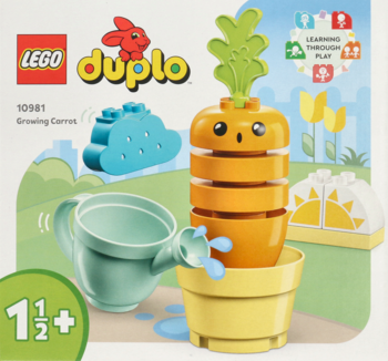 LEGO Duplo Rosnąca Marchewka 10981 na pudełku, z uśmiechniętą pomarańczową marchewką i niebieską konewką.