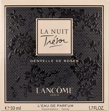 Lancôme La Nuit Trésor Dentelle de Roses woda perfumowana, czarno-beżowe pudełko z koronkowym wzorem.
