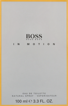 Frontal view of Hugo Boss In Motion Eau de Toilette 100ml box, light grey with orange border and black text.