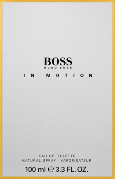 Hugo Boss In Motion EDT męskie 100ml, frontowe ujęcie białego pudełka z żółtą ramką i czarnym logo.