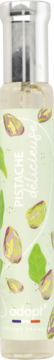 Adopt' Pistache Délicieuse woda perfumowana, przezroczysta butelka ze srebrną nakrętką. Etykieta z zielonym tłem i pistacjami.