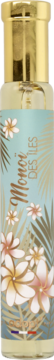 Adopt' Monoi Des Îles woda perfumowana w złotej butelce z turkusową etykietą i tropikalnym wzorem, widok z przodu.