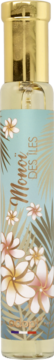 Adopt' Monoi Des Îles woda perfumowana w złotej butelce z turkusową etykietą i tropikalnym wzorem, widok z przodu.