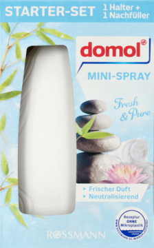 Domol Mini-Spray Fresh & Pure starter set, biały odświeżacz powietrza w niebieskim opakowaniu z wzorem zen, widok z przodu.