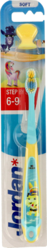 Miękka szczoteczka do zębów Jordan Step by 6-9, niebiesko-żółta z pszczołą, w przezroczystym opakowaniu.