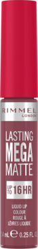 Rimmel London Lasting Mega Matte szminka w płynie, różowobrązowy odcień, z czerwonym korkiem, widok z przodu.