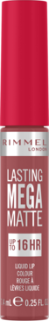 Rimmel Lasting Mega Matte liquid lipstick, muted pink shade, red cap, 16HR wear, full upright front view.