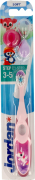 Jordan dziecięca szczoteczka do zębów dla wieku 3-5 lat, różowa z jednorożcem, w blistrze, widok z przodu.
