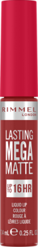 Rimmel London Lasting Mega Matte płynna pomadka, intensywna czerwień, widok z przodu, trwała do 16h.