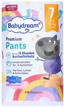 BABYDREAM Premium ,pieluchomajtki, 7 XXL, 17+ kg,przód