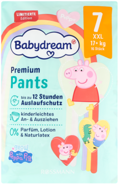 Opakowanie pieluch Babydream Premium Pants XXL, Peppa Pig, rozmiar 7 (17+ kg), 16 sztuk, 12h ochrony.