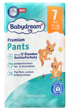 Opakowanie pieluchomajtek Babydream Premium Pants 7 XXL (17+kg), z ochroną 12h, dwoma kangurami, widok z przodu.