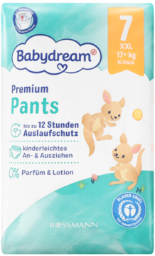 Pieluchomajtki Babydream Premium Pants, XXL 7, 16 szt., 17+ kg, do 12h ochrony, 0% perfum i balsamów, na biało-niebieskim opakowaniu.