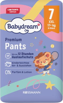 Babydream Premium Pants pieluchomajtki XXL, 16 szt., fioletowe opakowanie z lwem tenisistą, do 12h ochrony, 0% perfum.