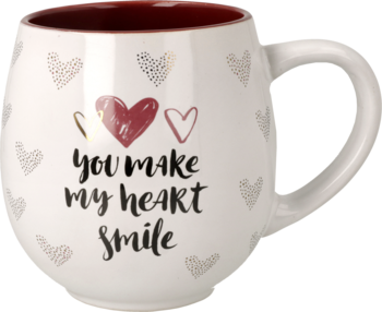 Biały, beczułkowaty kubek Ideenwelt z czerwonym wnętrzem, złotymi sercami i napisem "You make my heart smile".