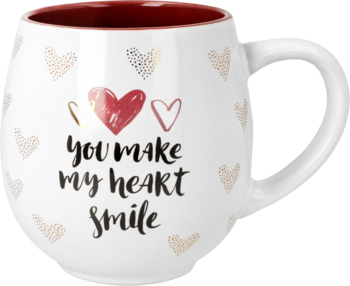 Ceramiczny beczułkowaty kubek: biały z napisem 'You make my heart smile', złotymi serduszkami i czerwonym wnętrzem, widok z przodu.