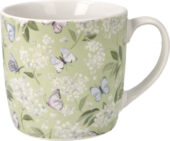 Ceramiczny kubek Ideenwelt 350ml, pastelowa zieleń, wzór z białymi kwiatami i motylami, widok z boku.