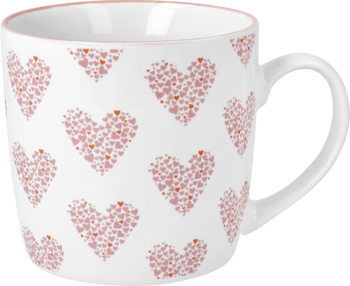 Biały ceramiczny kubek z uchem Ideenwelt 350 ml z wzorem w czerwone serduszka, widok z przodu.