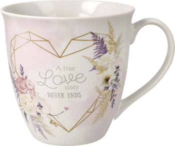 Biały ceramiczny kubek Ideenwelt 500ml, złote serce z napisem 'A true Love story NEVER ENDS' i kwiatami. Widok z boku.