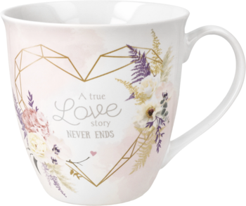 Jasny, ceramiczny kubek Ideenwelt 500ml, widok z przodu: złote serce, kwiaty, napis 'A true Love story never ends'.
