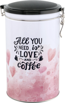 Biała puszka na kawę Ideenwelt ze szczelnym zamknięciem, różowe serca, napis 'love and coffee'.