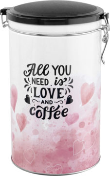 Widok z przodu: biała szczelna metalowa puszka na kawę z czarną pokrywką, różowymi sercami i napisem 'All you need is love and coffee'.
