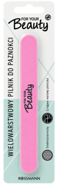 Różowy, wielowarstwowy pilnik do paznokci FOR YOUR Beauty Rossmann, średnioziarnisty, w białym opakowaniu.