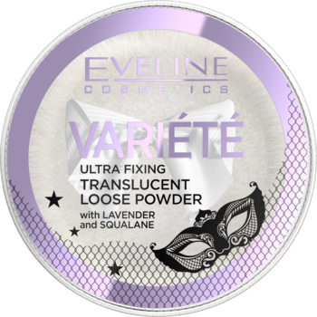 Puder Eveline Varieté Ultra Fixing Translucent Loose Powder, okrągłe fioletowo-białe opakowanie, widok z przodu.