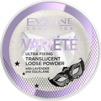 Puder Eveline Varieté Ultra Fixing Translucent Loose Powder, okrągłe fioletowo-białe opakowanie, widok z przodu.