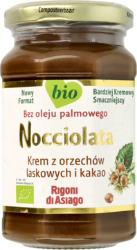 Nocciolata bio krem orzechowo-kakaowy bez oleju palmowego w szklanym słoiku, widok z przodu, złota nakrętka.