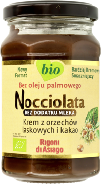 Ekologiczny krem Nocciolata z orzechów laskowych i kakao, bez mleka, w szklanym słoiku, widok z przodu.