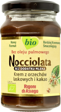 Ekologiczny krem Nocciolata z orzechów laskowych i kakao, bez mleka, w szklanym słoiku, widok z przodu.