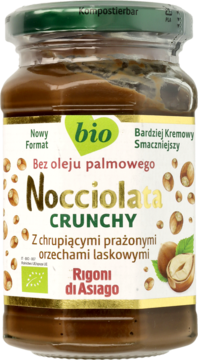 Słoik Nocciolata Crunchy Rigoni di Asiago, bio krem orzechowy z chrupiącymi orzechami, bez oleju palmowego.