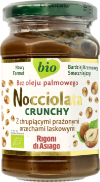Słoik Nocciolata Crunchy Rigoni di Asiago, bio krem orzechowy z chrupiącymi orzechami, bez oleju palmowego.