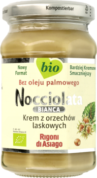 Słoik kremu Nocciolata Bianca Rigoni di Asiago z orzechów laskowych, bez oleju palmowego, widok z przodu.